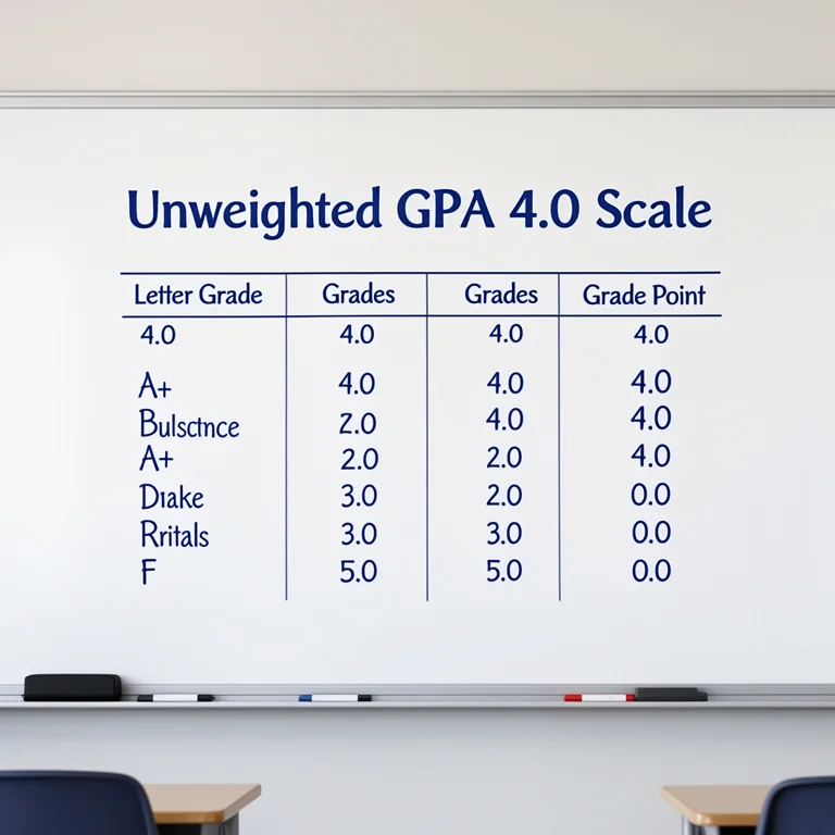Unweighted GPA grade point scale table from A to F on a 4.0 scale illustrated on a classroom whiteboard