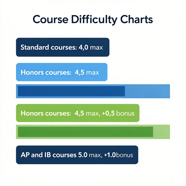 Weighted GPA bonus points chart showing standard plus 0.5 for Honors and plus 1.0 for AP and IB courses