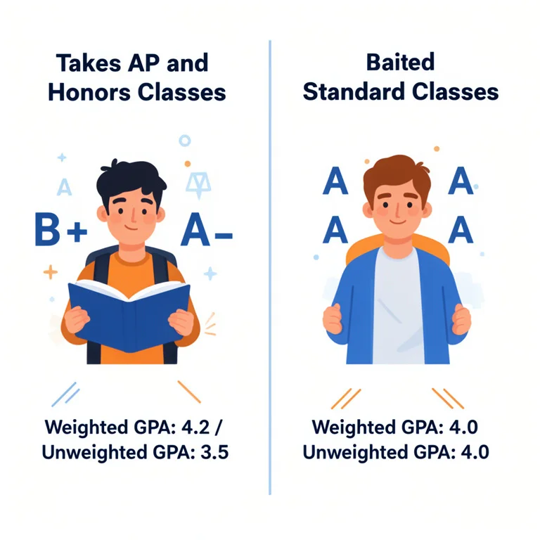 Side-by-side comparison of two students showing how same grades produce different weighted and unweighted GPAs