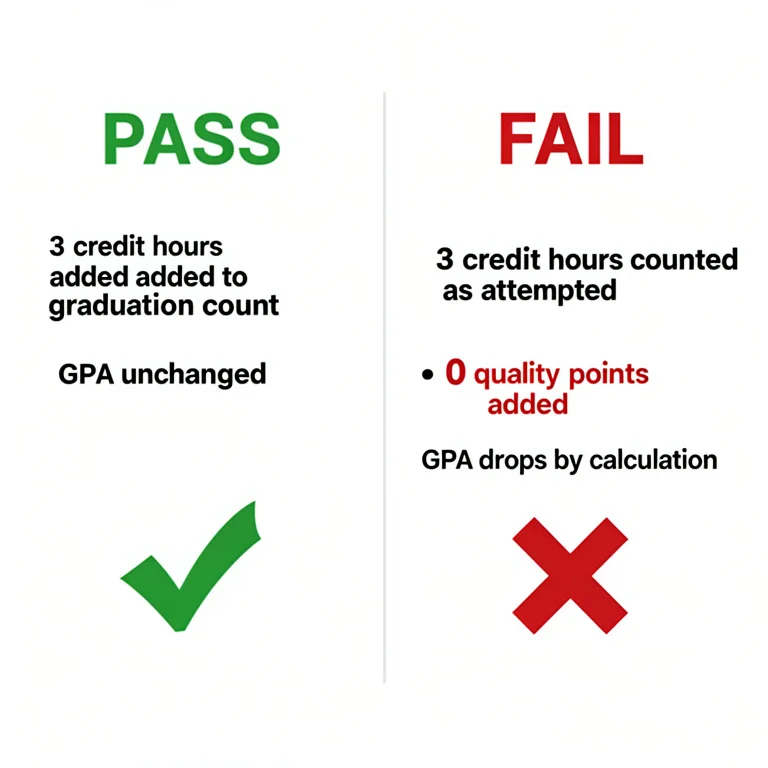 Two-panel diagram showing pass grade adding credits only versus fail grade adding zero quality points and lowering GPA