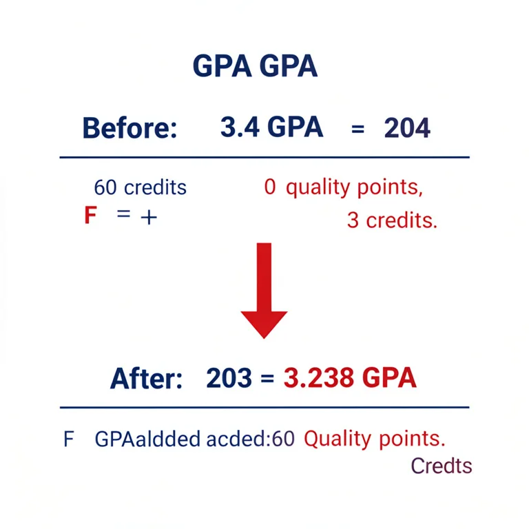 GPA calculation showing 3.4 dropping to 3.238 after failing a 3-credit pass fail course with zero quality points added