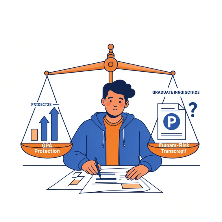 Student weighing pass fail election decision showing GPA protection benefit against graduate school transcript risk