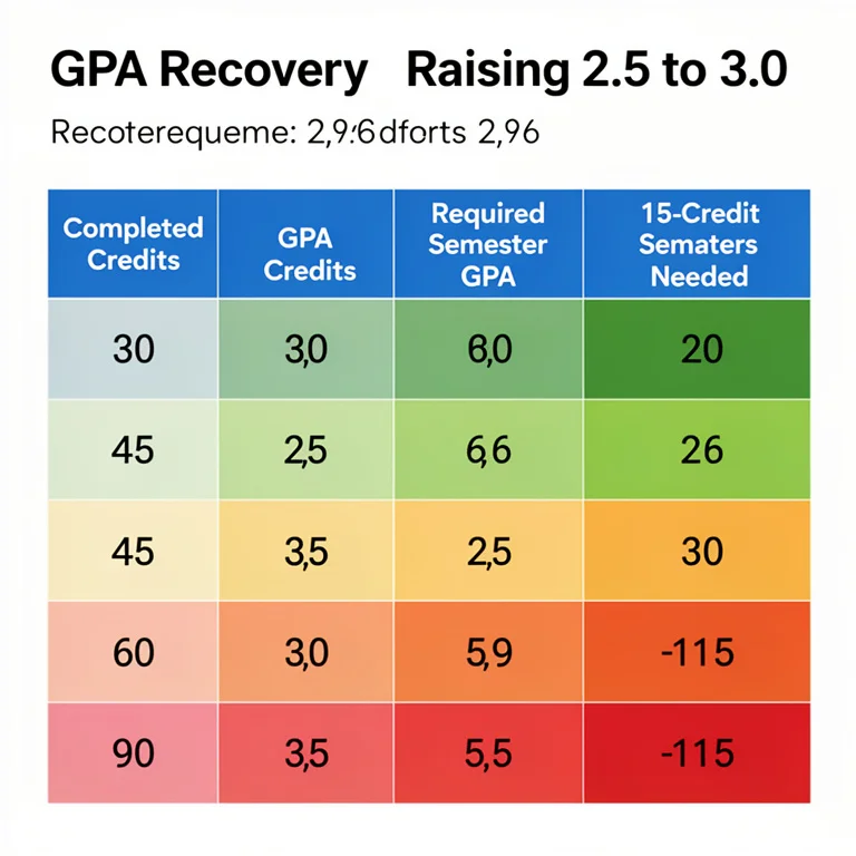Credits needed table showing semesters required to raise GPA from 2.5 to 3.0 at 30 60 and 90 completed credits