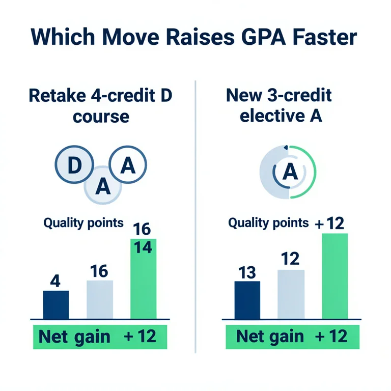 Grade retake strategy diagram showing how replacing a D with an A in a 4-credit course raises GPA more than a new elective