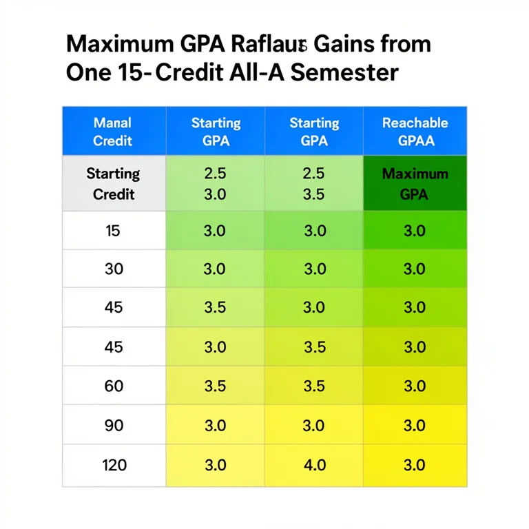 Table showing maximum GPA gain achievable in one 15-credit semester at different starting credit totals from 15 to 120
