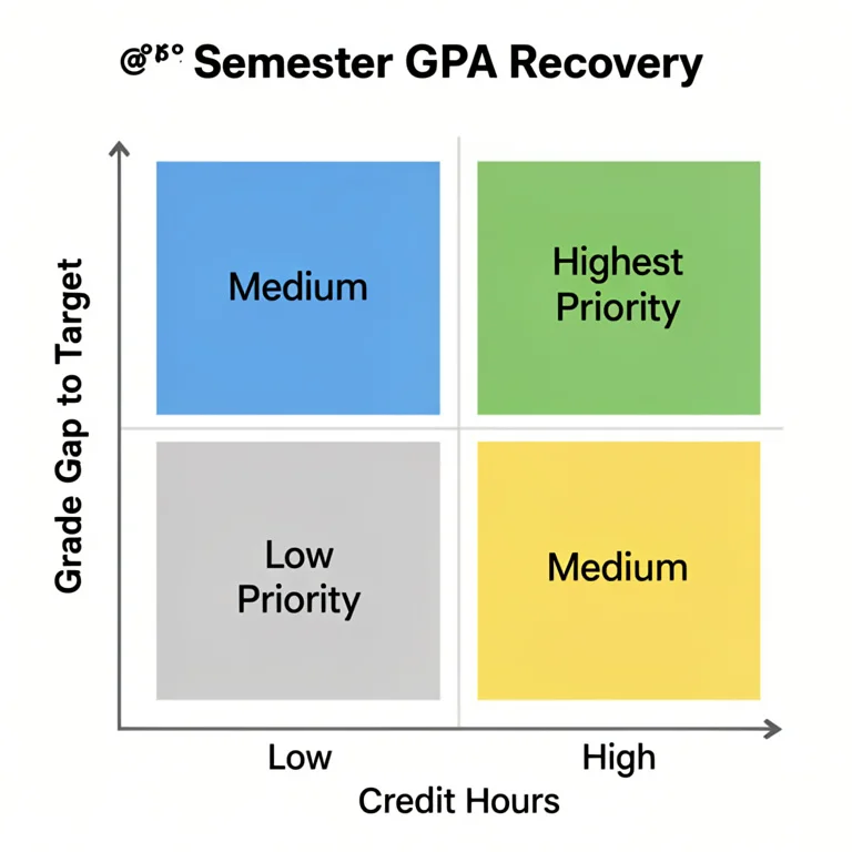 Priority matrix for one-semester GPA recovery showing course credit hours versus current grade gap as two axes