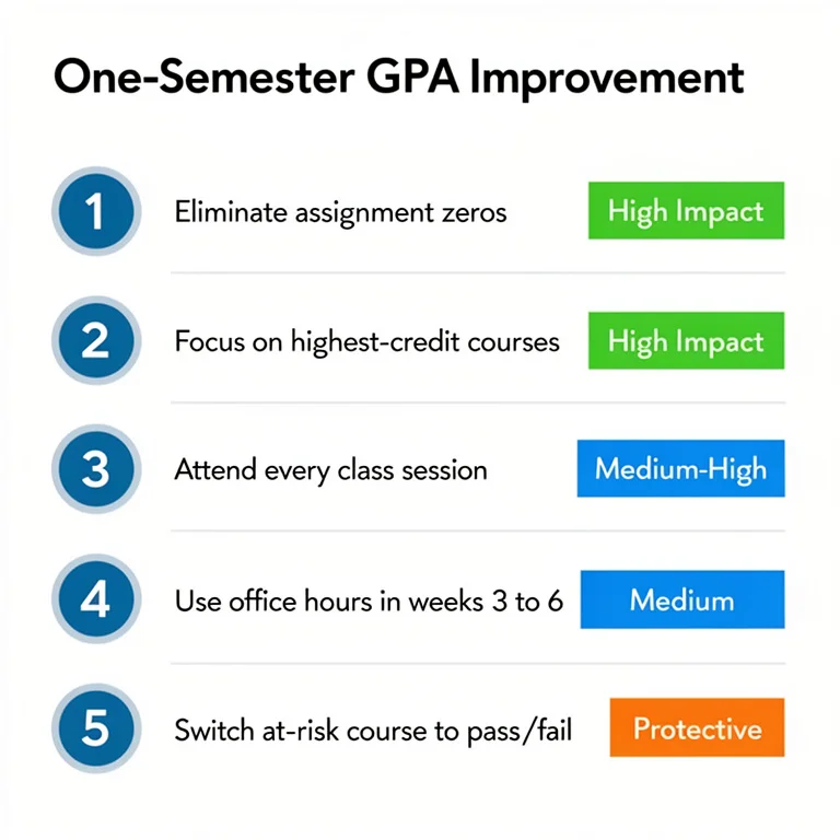 Ranked action list showing five GPA improvement actions by impact within one semester from eliminating zeros to pass fail