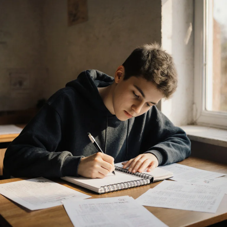 Graduate school applicant writing in notebook with GPA benchmarks research spread on desk