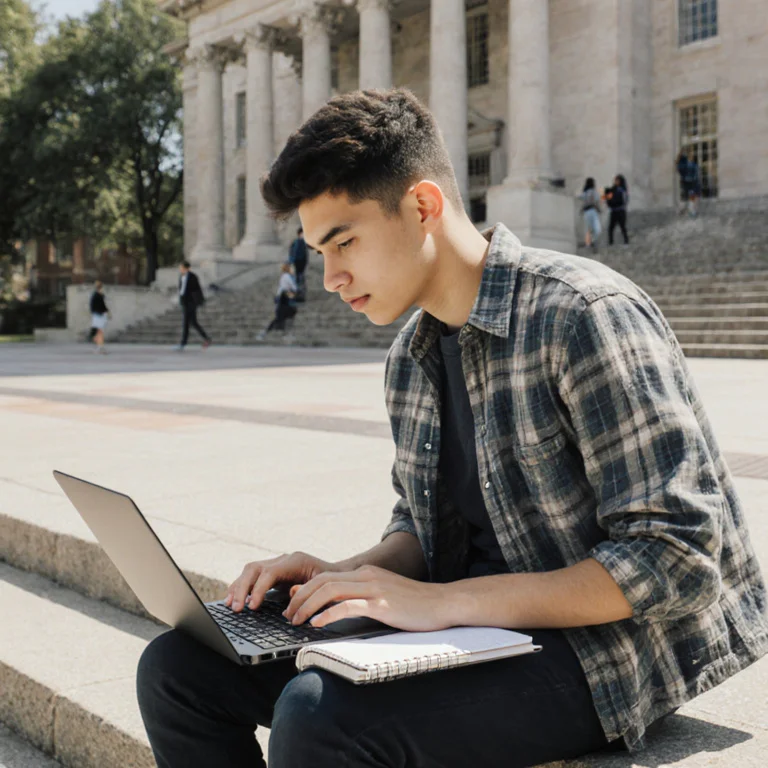 Student at university campus reviewing graduate program requirements on laptop outdoors