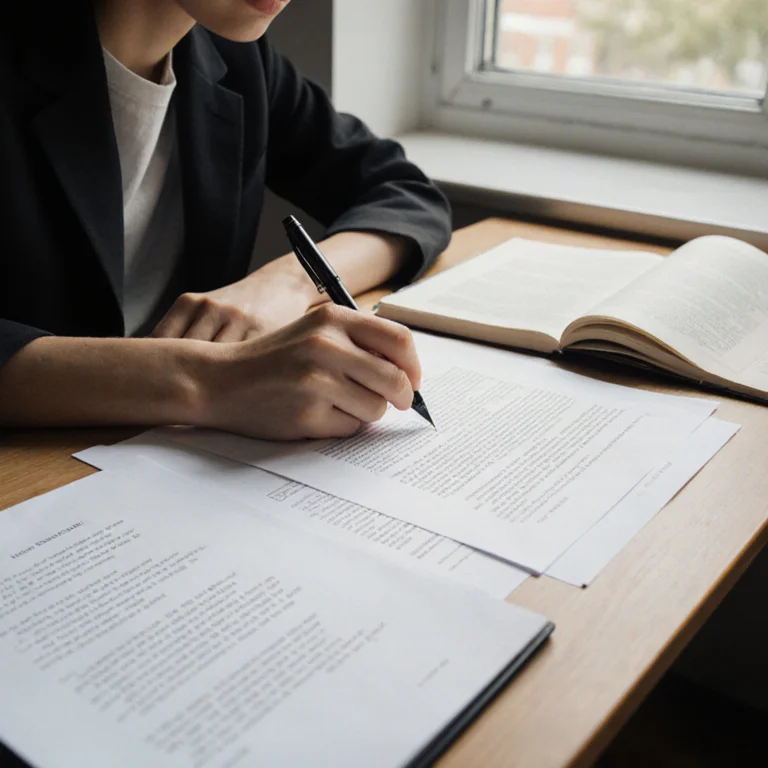 Student reviewing printed recommendation letters and personal statement for graduate school application