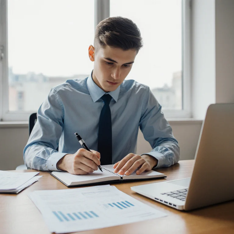 Finance professional student writing notes preparing for investment banking job interview