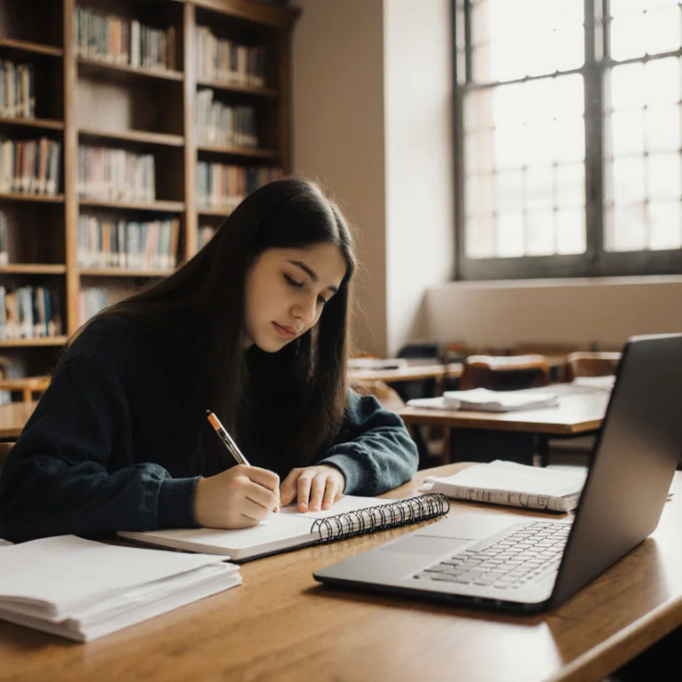 Student writing in a notebook at a university library desk with a laptop open beside them and course materials spread out