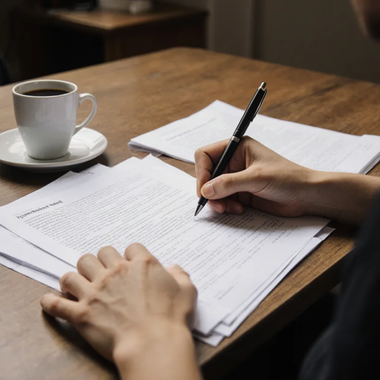 Close-up of hands reviewing a printed academic record on a desk with a pen and coffee cup nearby