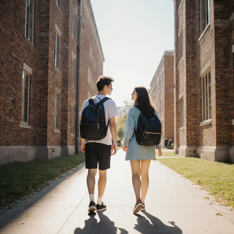 University students walking and talking on a sunny campus pathway between brick buildings