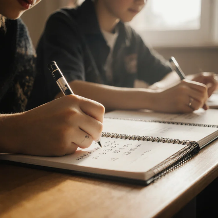 Close-up of a student's hands writing credit hour calculations in a spiral notebook on a wooden desk