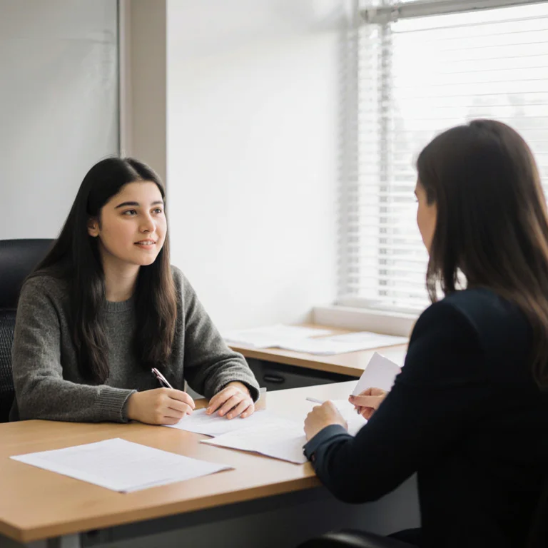 College student meeting with an academic advisor across a desk, reviewing printed documents together in an office