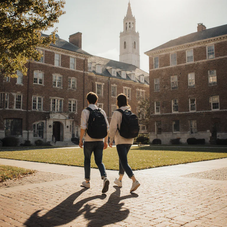 Two university students walking across a campus quad with backpacks, trees and brick buildings in the background