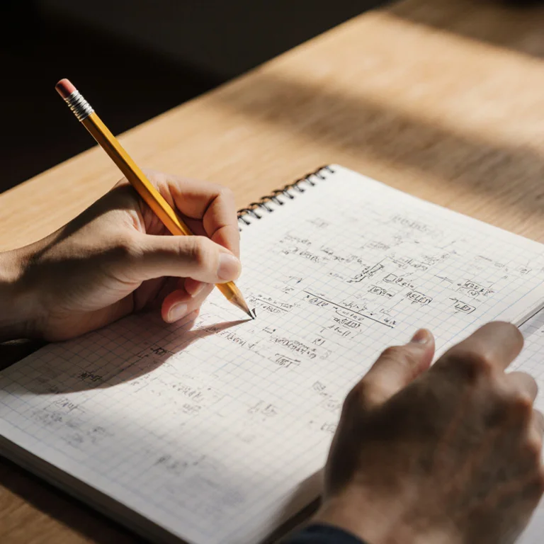 Close-up of an engineering student's hands writing equations and formulas in a graph-ruled notebook on a desk