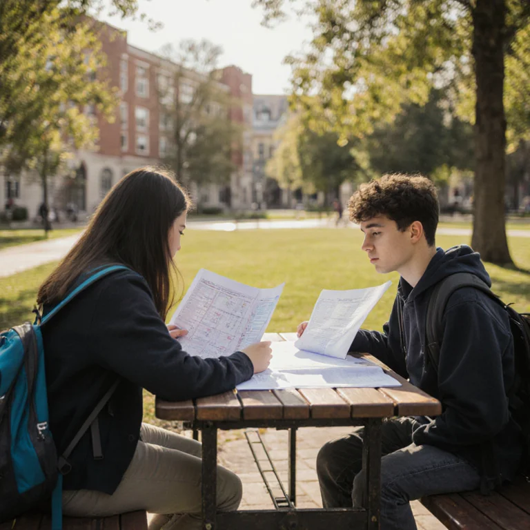 Two engineering students reviewing printed course plans together at a university campus table outdoors
