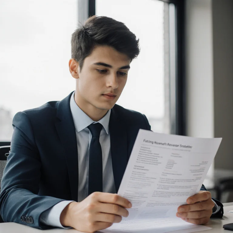 Engineering student in a professional blazer reviewing a printed resume at a desk before a job interview