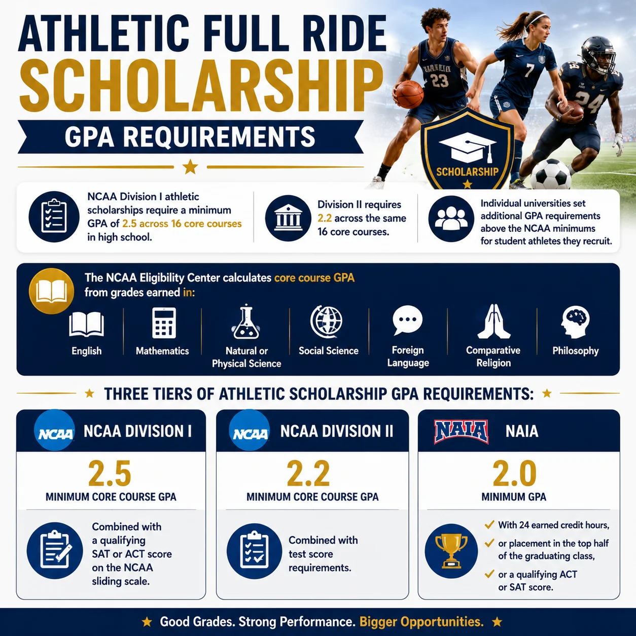 NCAA Division I athletic scholarships require a minimum GPA of 2.5 across 16 core courses in high school.