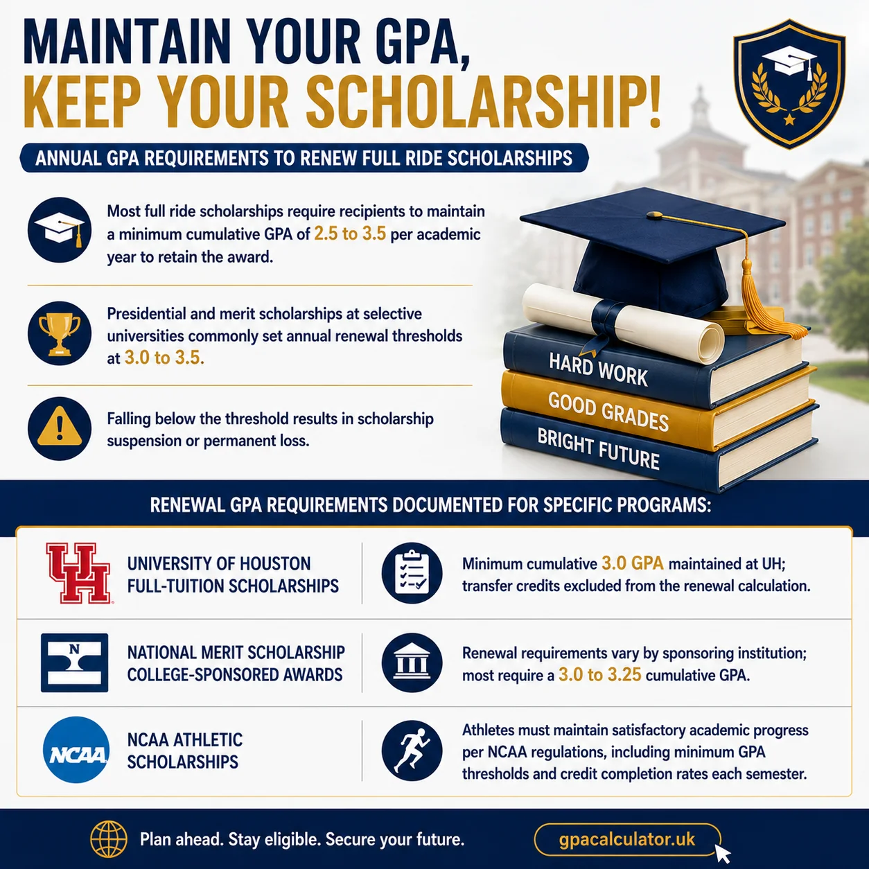 Most full ride scholarships require recipients to maintain a minimum cumulative GPA of 2.5 to 3.5