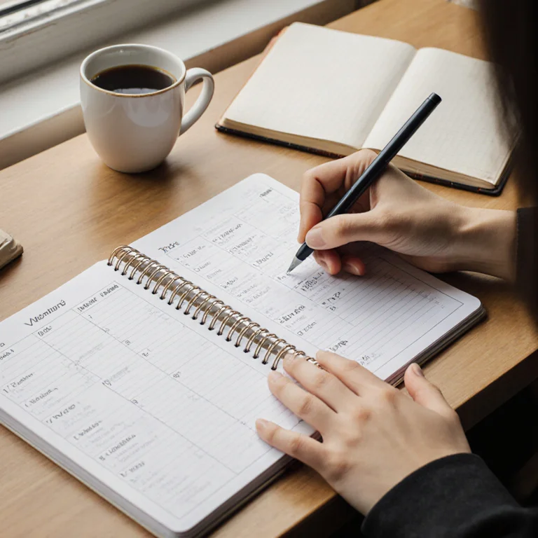 Close-up of a student's hands writing in a planner scheduling shifts and class times side by side on a wooden desk