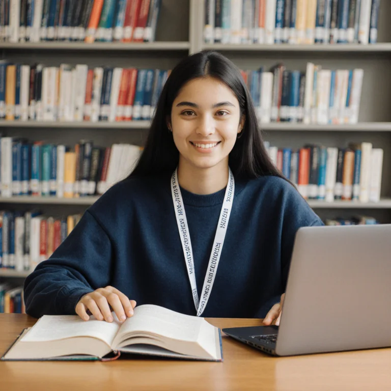 College student working at a campus library desk with a university lanyard, open textbooks and a laptop in front of them