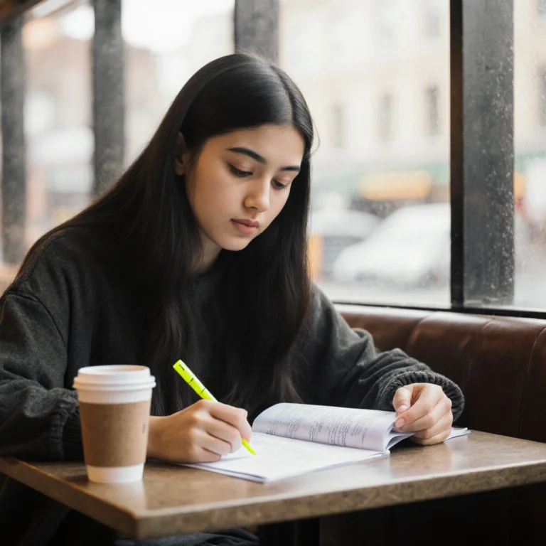 Student at a cafe table reviewing printed course notes with a highlighter and a takeaway coffee cup during a short work break