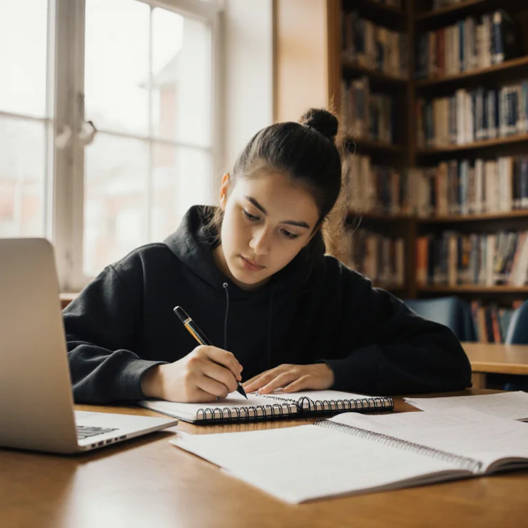 Student writing notes in a notebook beside a laptop displaying a university course articulation agreement on screen at a library desk