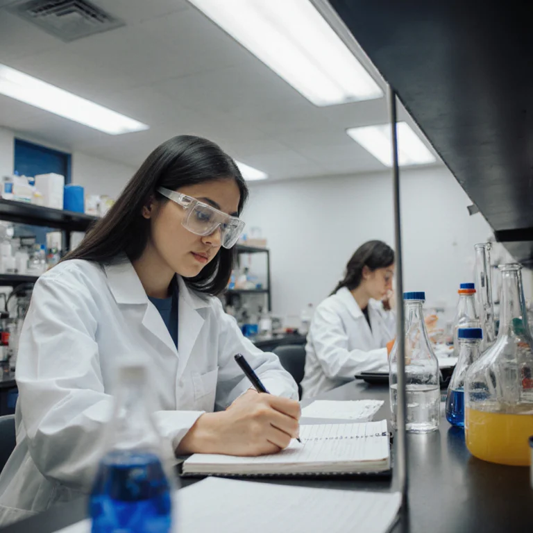 Student in a science lab coat taking notes during a community college laboratory class with equipment on the bench in front of them