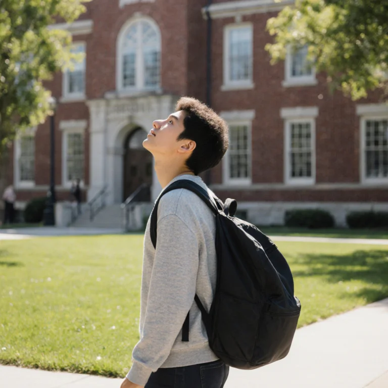 Transfer student walking across a university campus with a backpack, looking up at a large academic building on a bright sunny day