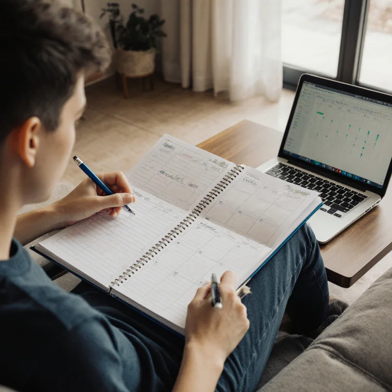 Student writing in a weekly planner at a coffee table with a laptop open, scheduling online coursework and assignment deadlines
