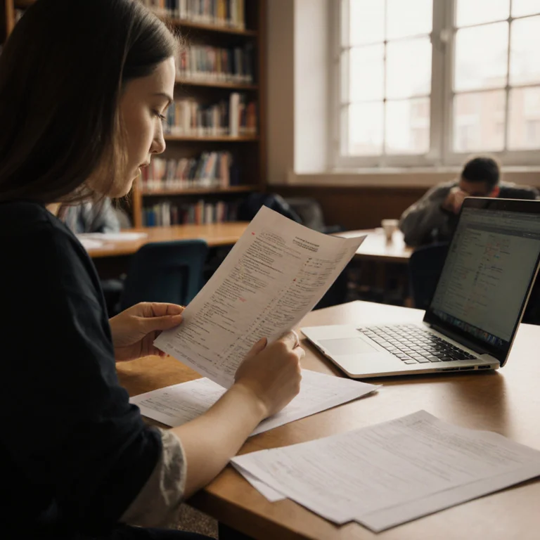 Student reviewing a printed college transcript and degree audit at a library desk beside a laptop with course records visible
