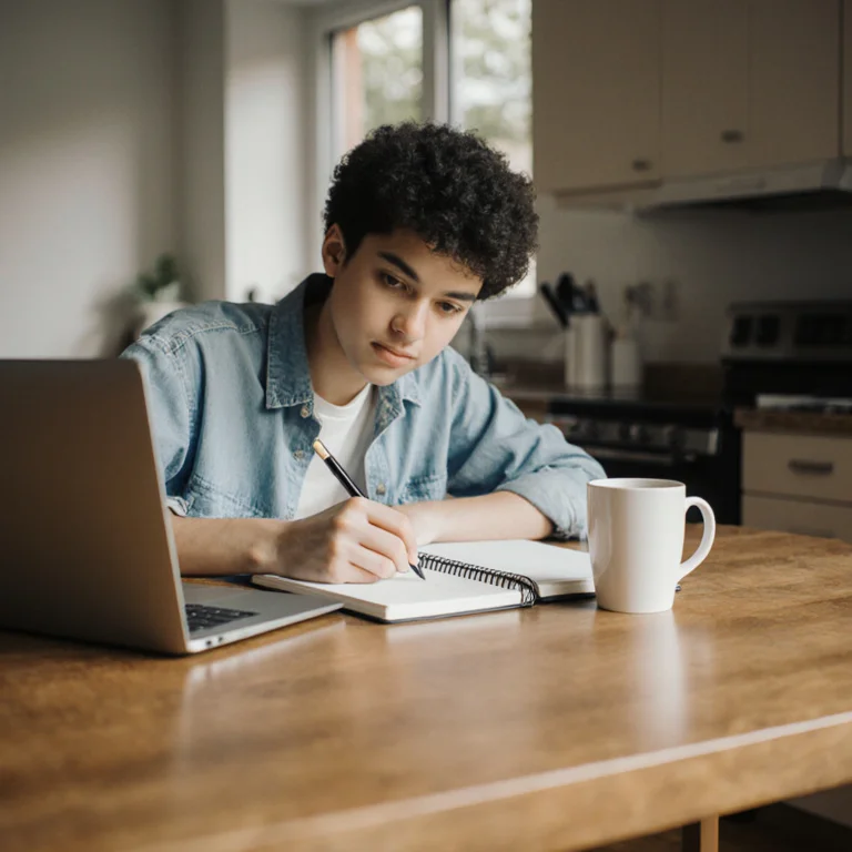 College student taking handwritten notes at a bright kitchen table with a laptop and coffee mug during an online study session
