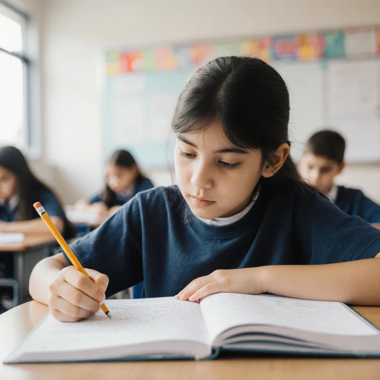 Middle school student working through math problems at a classroom desk with a pencil and open workbook during a lesson