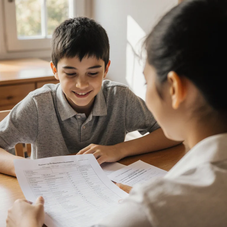 Parent and middle school student sitting together at a kitchen table reviewing a school report card and academic documents