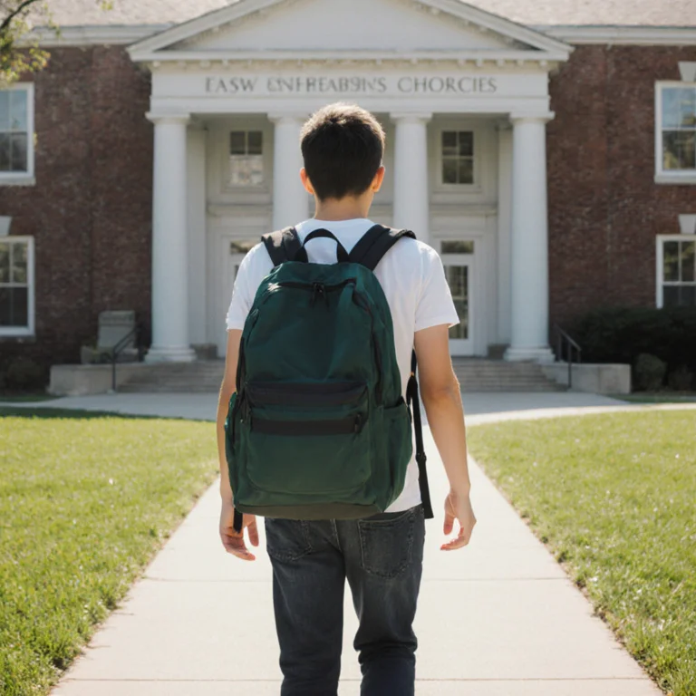 Teenage student walking into a high school building with a backpack on the first day, looking confident and prepared