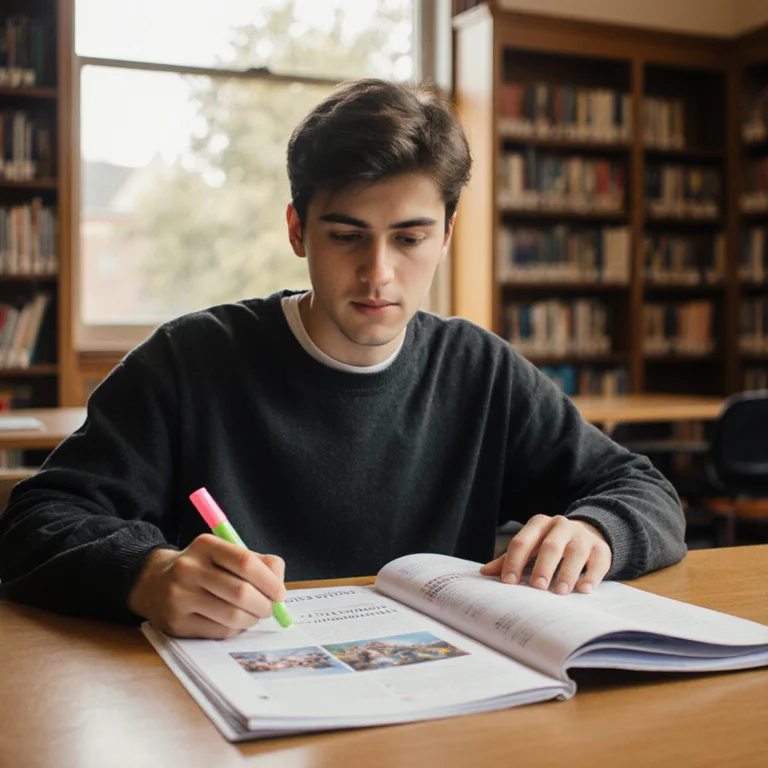 Returning adult student reviewing a college course catalog and academic renewal eligibility requirements at a campus library desk