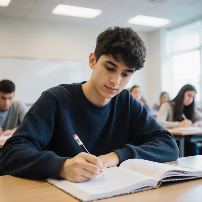 College student retaking a previously failed course in a classroom, attentively taking notes with an engaged and confident expression