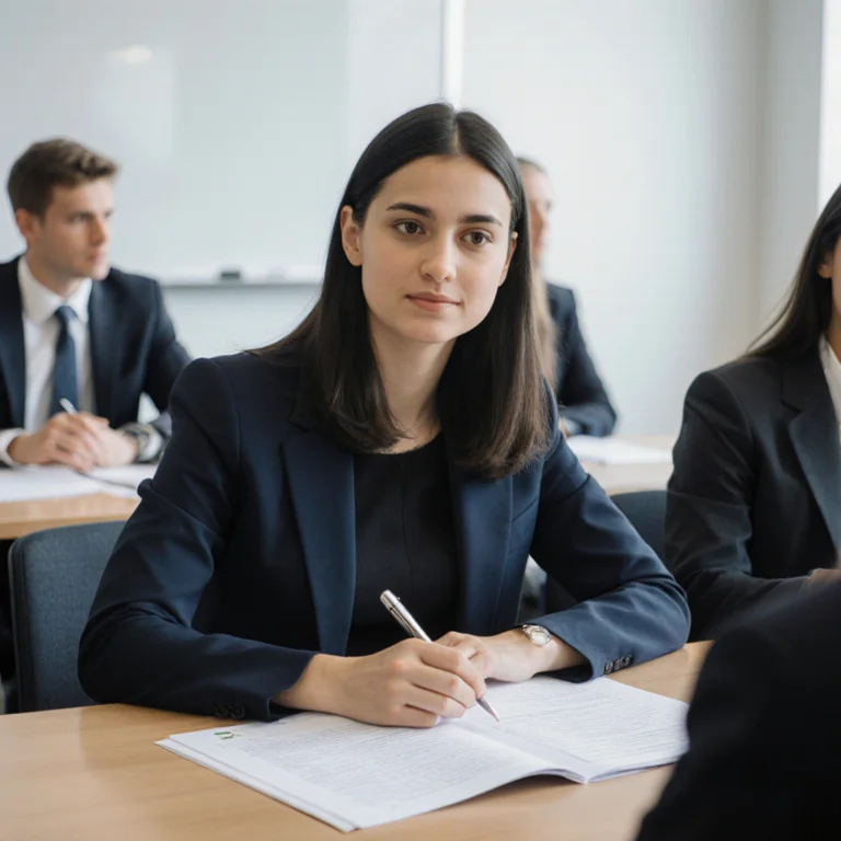 MBA student participating in a case study discussion at a business school seminar table with classmates and printed case materials