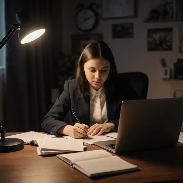Young professional writing a business school application essay at a home office desk with notes and an open laptop late in the evening