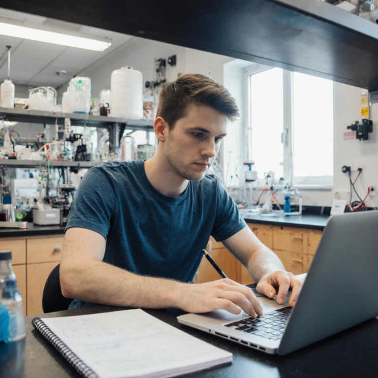 Graduate student in an engineering lab working on technical equipment with a notebook and laptop showing academic coursework nearby