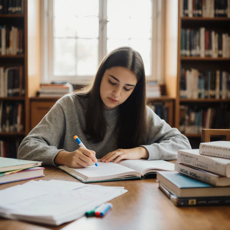 Graduate social work student reviewing case notes and studying in a campus library with practicum documents and a textbook on the desk