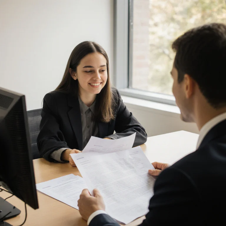 Graduate student meeting with a programme advisor reviewing their statement of purpose draft and academic transcript on a campus desk