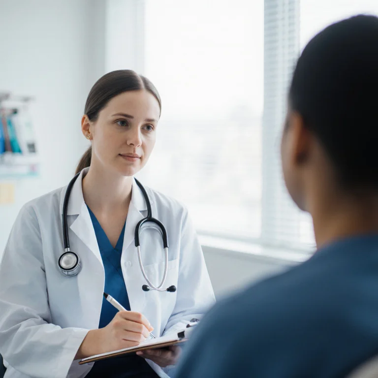 Nurse practitioner student in clinical placement wearing a white coat taking notes during a patient consultation in a hospital setting