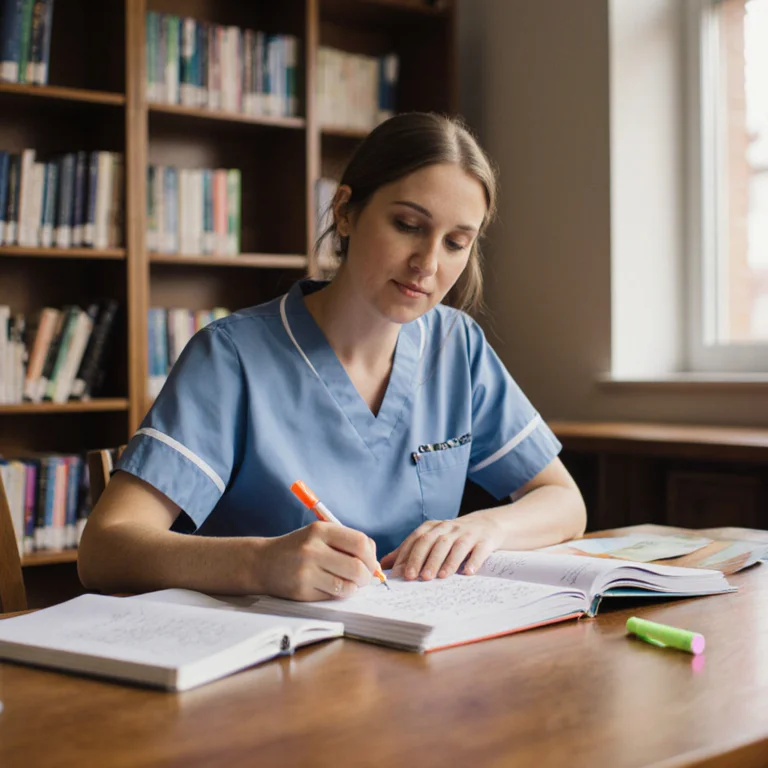 Nursing graduate student studying DNP coursework at a library desk with advanced healthcare textbooks and handwritten notes nearby