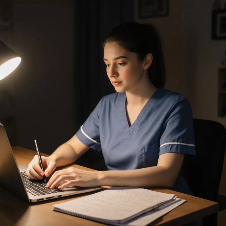 Nurse practitioner programme applicant writing a personal statement at a home desk with clinical experience documentation and a laptop
