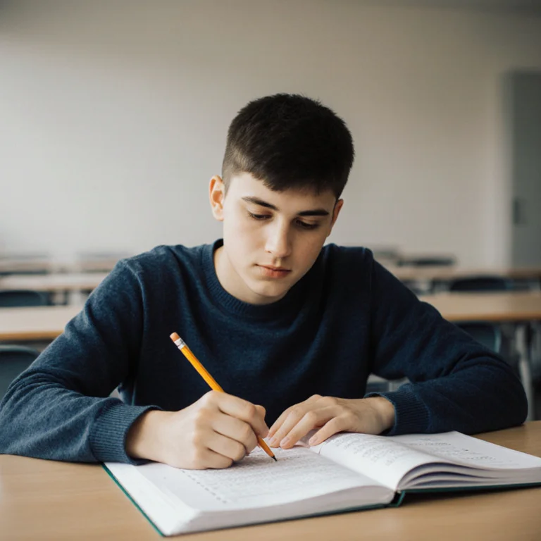 Optometry school applicant sitting a standardised exam at a testing centre desk with a pencil and exam booklet in front of them