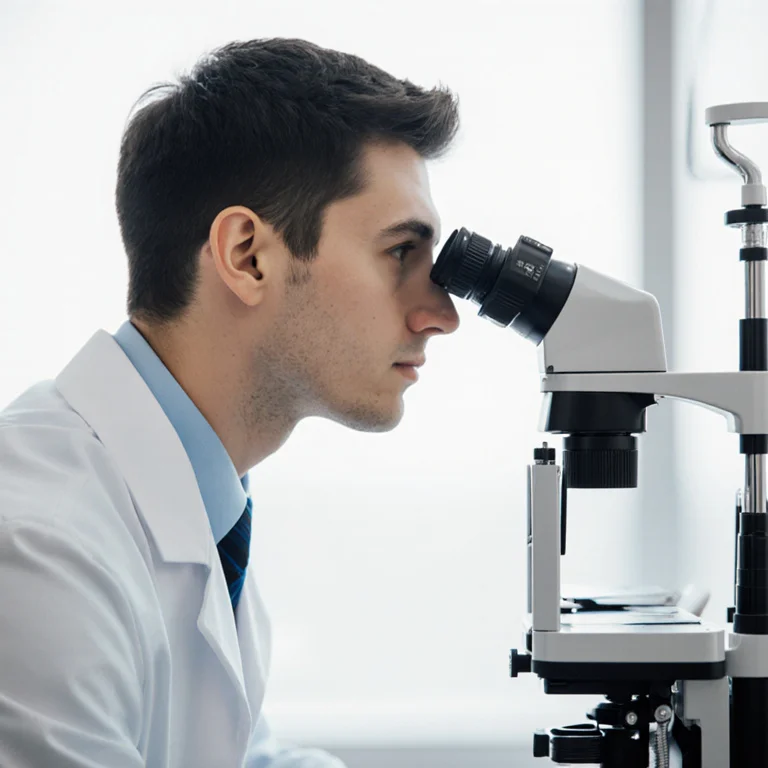 Optometry student using a slit lamp to examine a patient's eyes in a clinical setting wearing a white coat